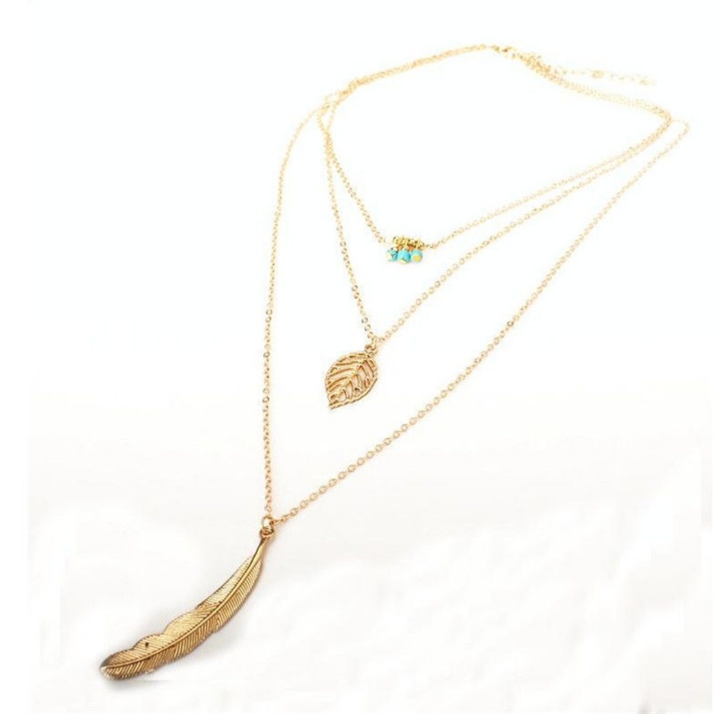 Layered Gold Turquoise Feather Pendant Necklace - Picture 2 of 6